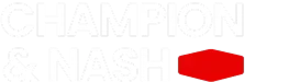White text reading 'CHAMPION & NASH' with a red hexagon shape underneath 'NASH' on a black background.